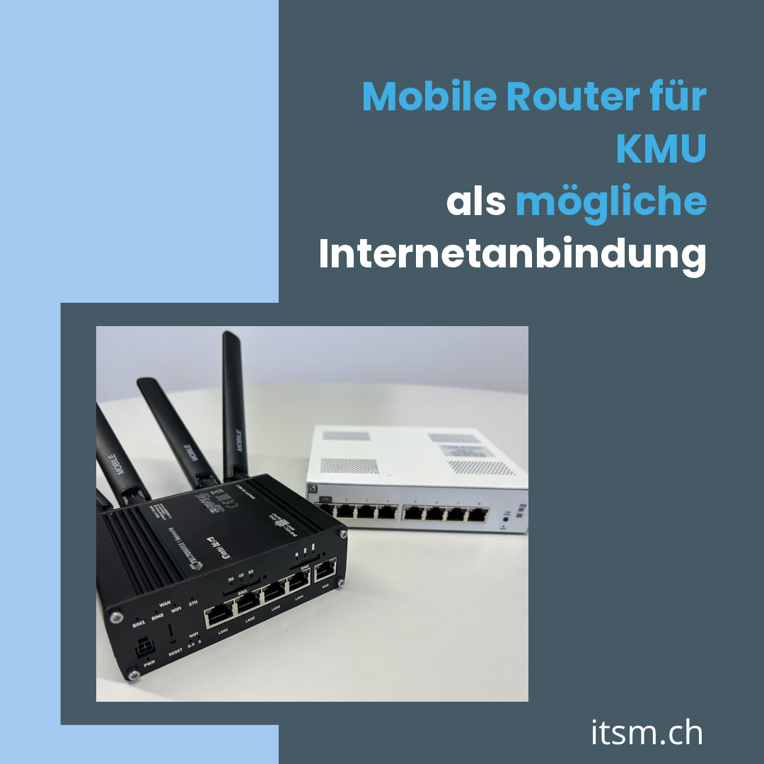 Mobiler 4G/5G-Router und Netzwerk-Switch auf einem Tisch – Symbolbild für mobile Internetanbindung als Backup-Lösung für KMU