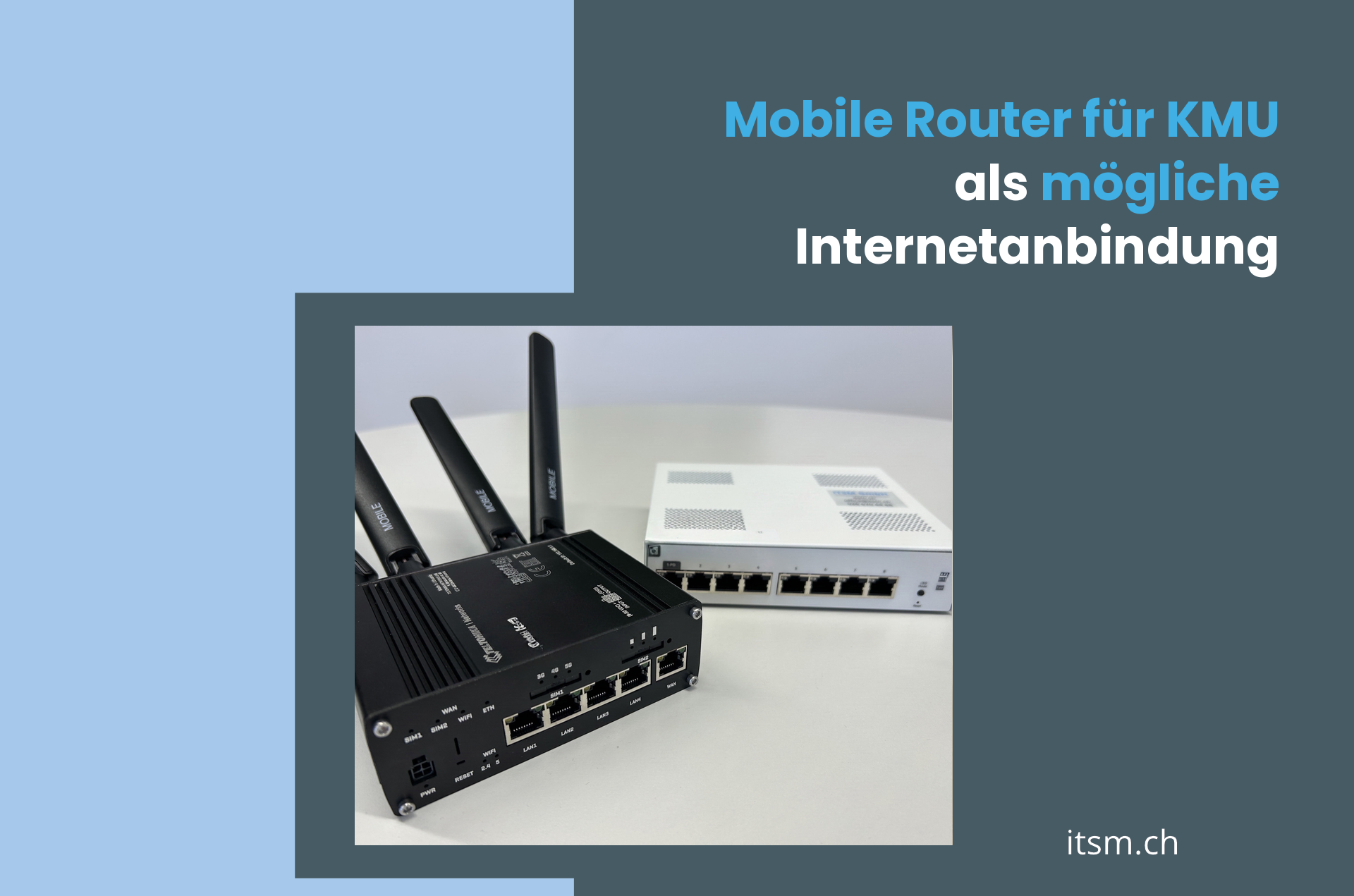 Mobiler 4G/5G-Router und Netzwerk-Switch auf einem Tisch – Symbolbild für mobile Internetanbindung als Backup-Lösung für KMU